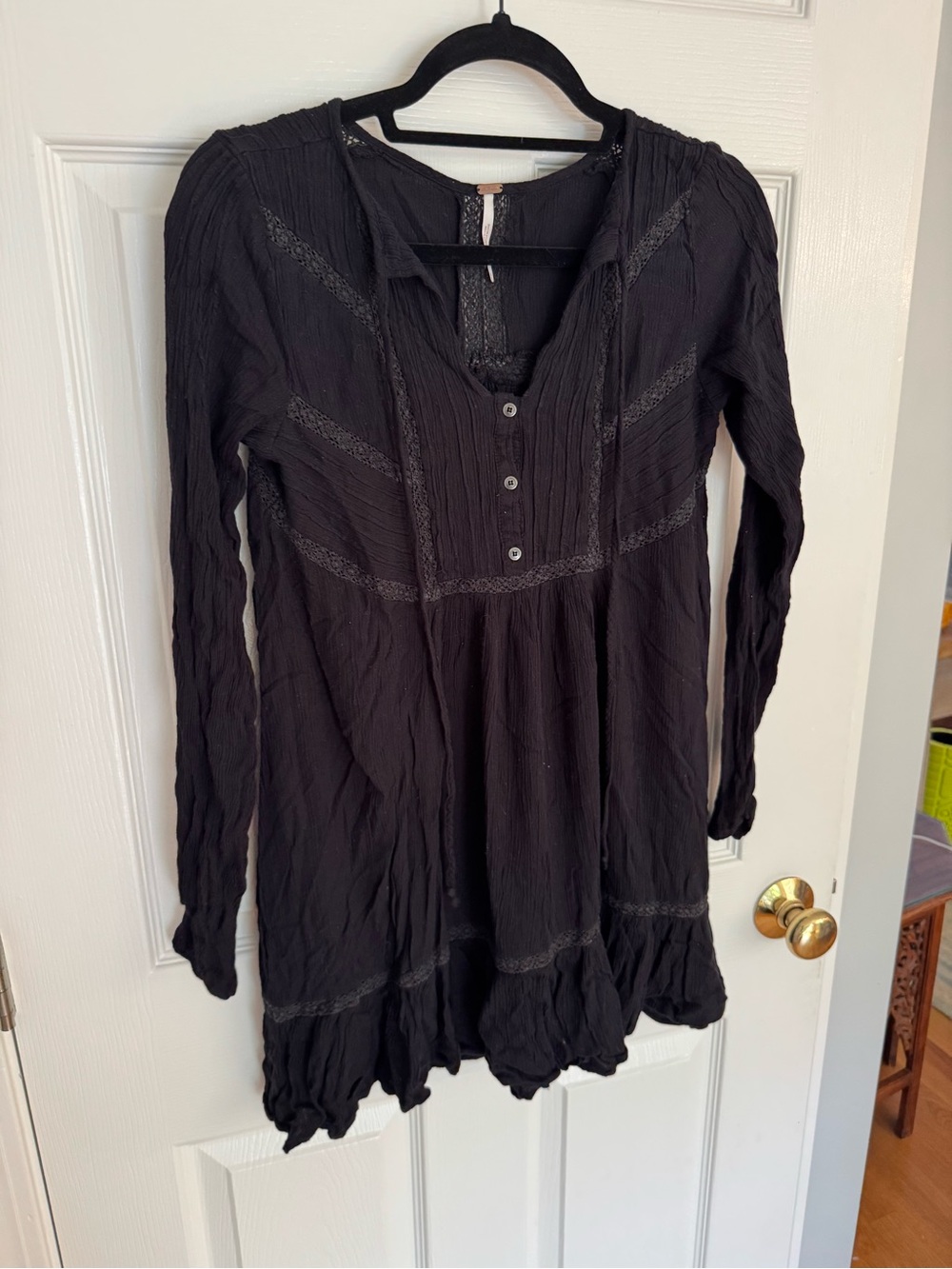 Free People Black Long-Sleeve Mini Boho Whimsigoth Dress with Lace Trim